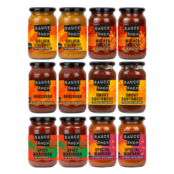 Sauce Shop Cooking Sauce Bundle with two Golden Coconut Curry, two Mother Tomato, two Ranchero, two Smoky Southwest, two Spicy Marinara and two Special Makhani jars.